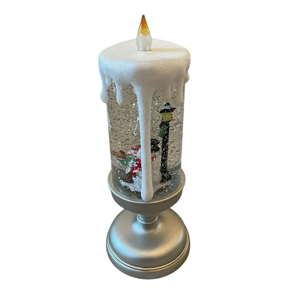 Illuminated Silver Glitter Pedestal Candle 13in Christmas Holiday Snowman New